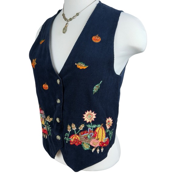 Victoria Jones Petites Fall Harvest Embroidered Corduroy Vest Pumpkins Scarecrow - Picture 2 of 8